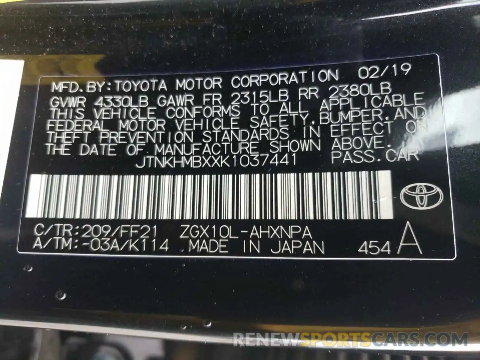 10 Photograph of a damaged car JTNKHMBXXK1037441 TOYOTA C-HR 2019