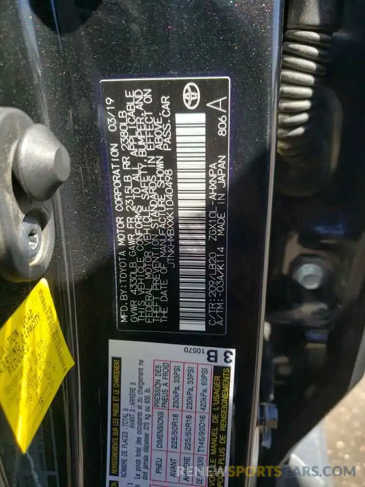 10 Photograph of a damaged car JTNKHMBXXK1040498 TOYOTA C-HR 2019