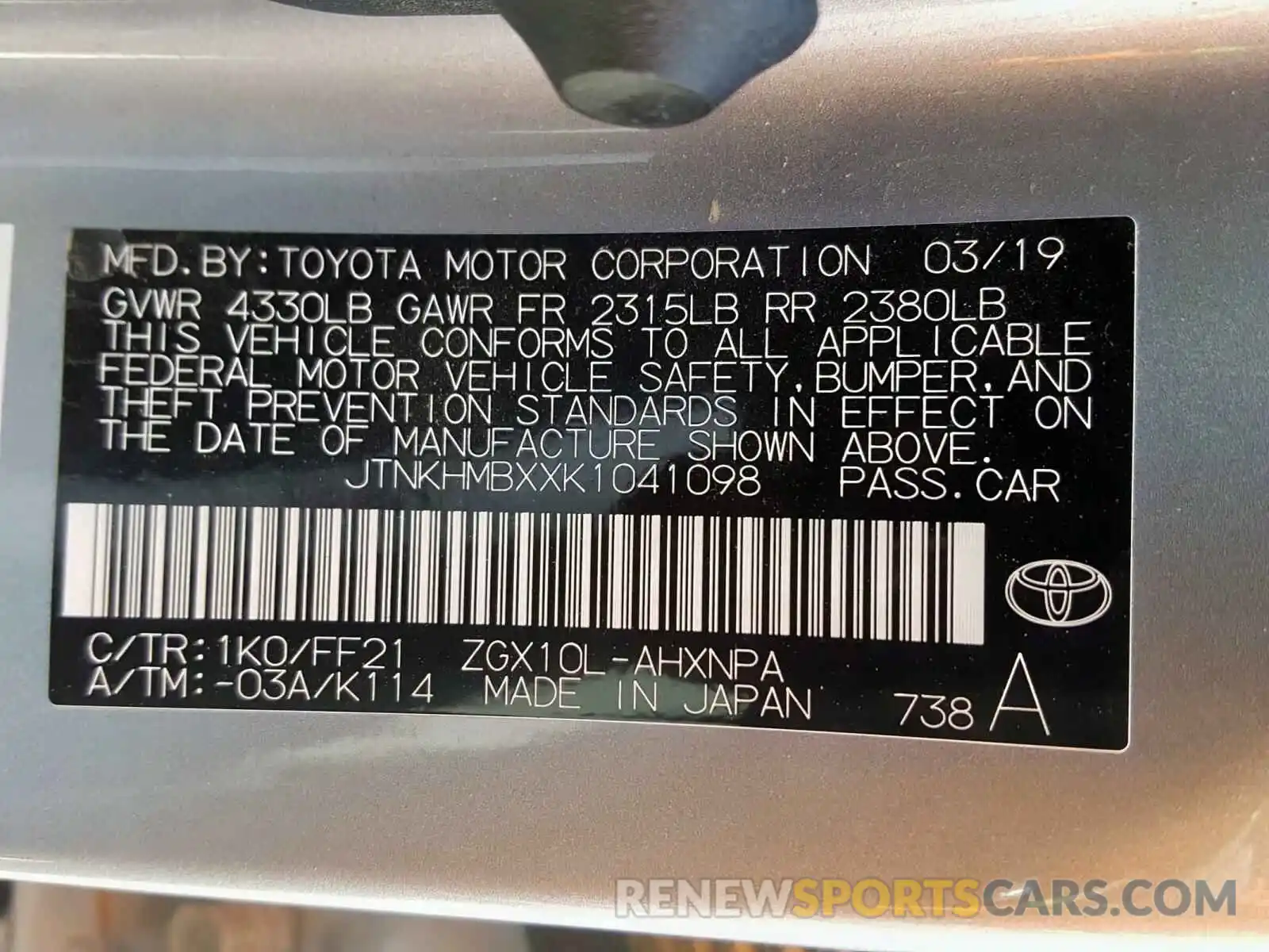 10 Photograph of a damaged car JTNKHMBXXK1041098 TOYOTA C-HR 2019