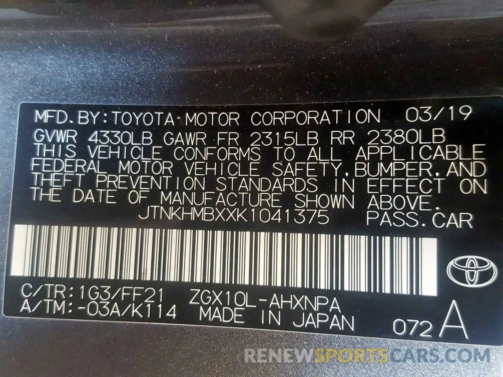 10 Photograph of a damaged car JTNKHMBXXK1041375 TOYOTA C-HR 2019