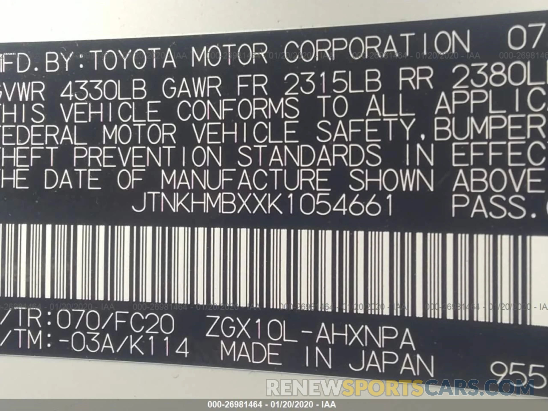 9 Photograph of a damaged car JTNKHMBXXK1054661 TOYOTA C-HR 2019