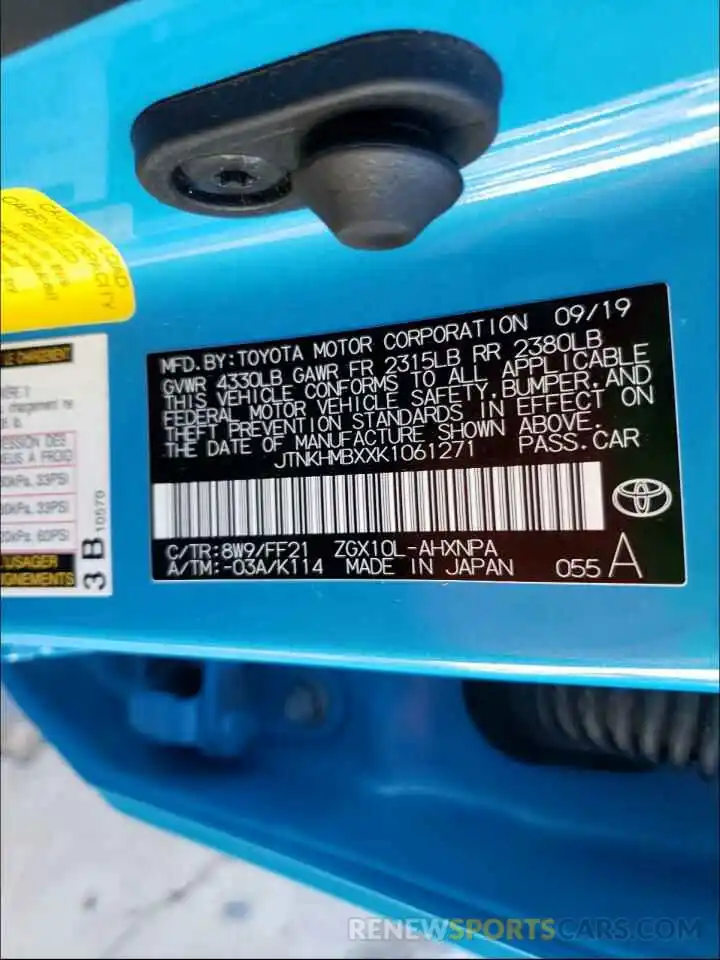 10 Photograph of a damaged car JTNKHMBXXK1061271 TOYOTA C-HR 2019