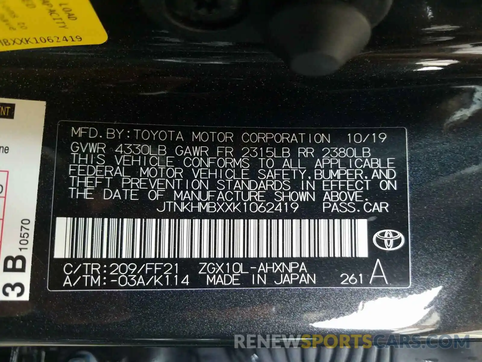 10 Photograph of a damaged car JTNKHMBXXK1062419 TOYOTA C-HR 2019