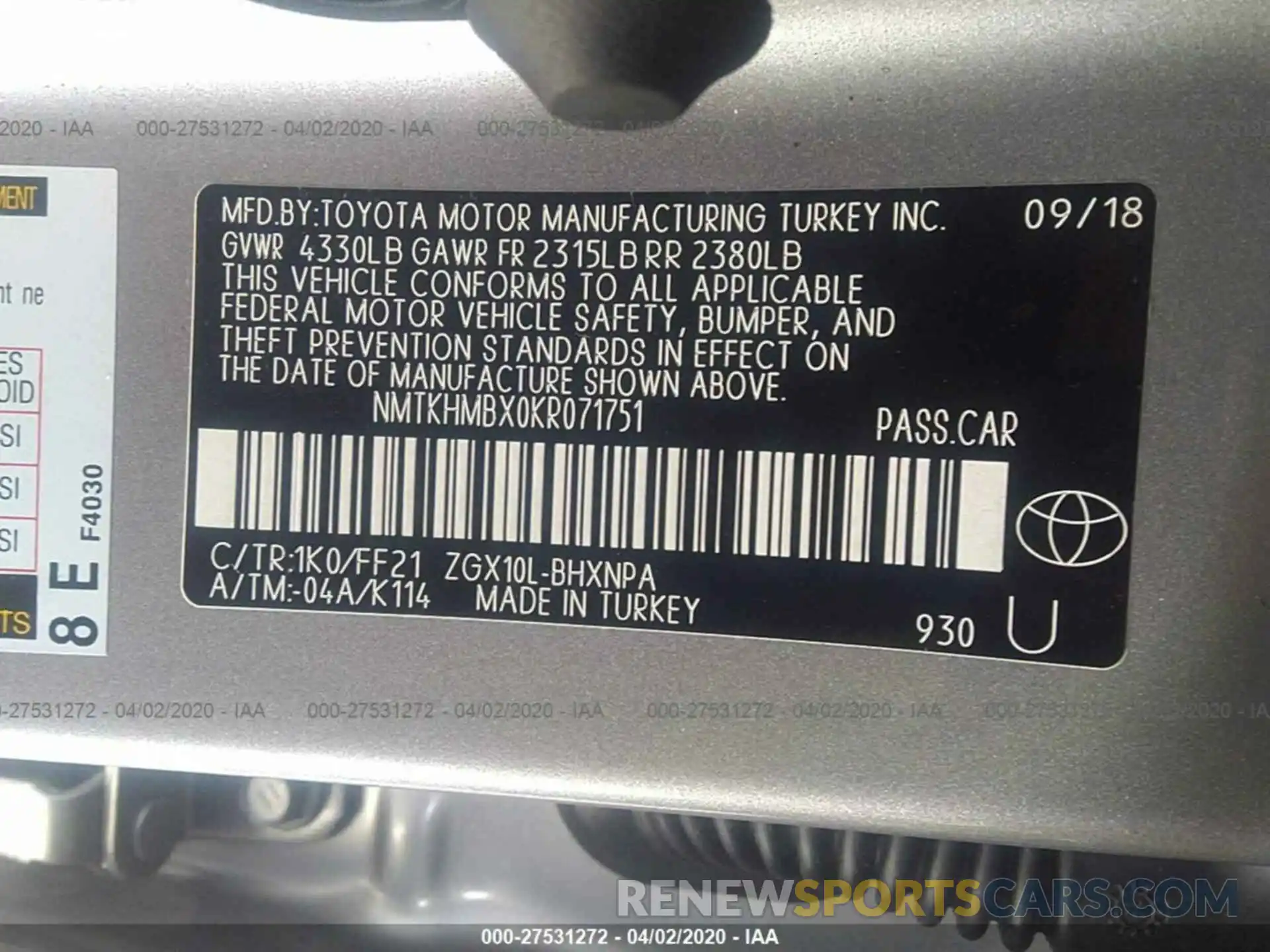 9 Фотография поврежденного автомобиля NMTKHMBX0KR071751 TOYOTA C-HR 2019