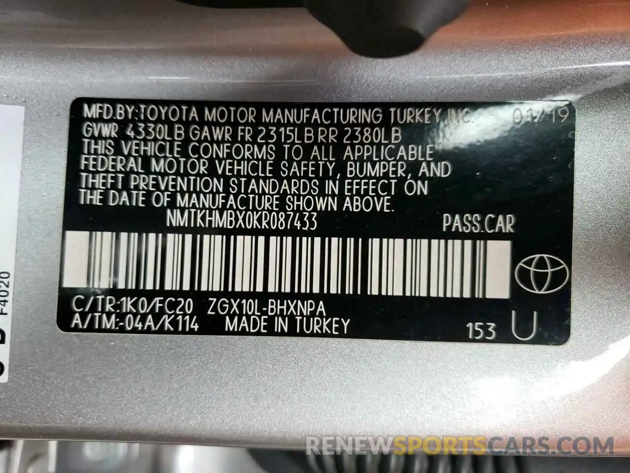 10 Фотография поврежденного автомобиля NMTKHMBX0KR087433 TOYOTA C-HR 2019