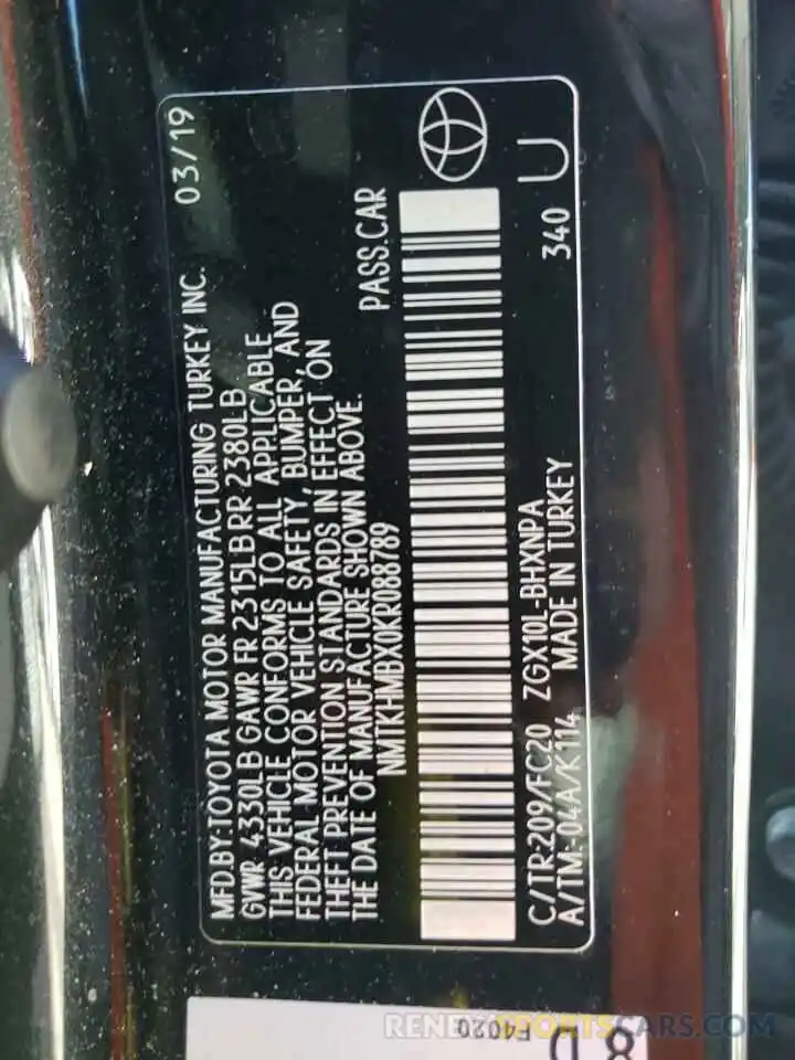 10 Photograph of a damaged car NMTKHMBX0KR088789 TOYOTA C-HR 2019