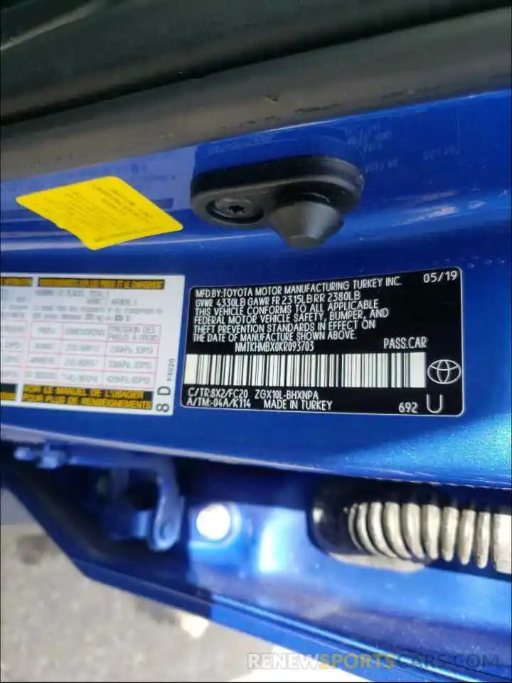 10 Photograph of a damaged car NMTKHMBX0KR093703 TOYOTA C-HR 2019