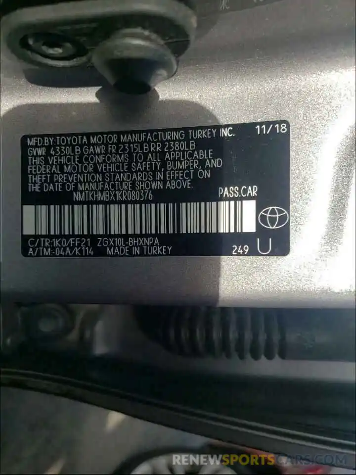 10 Photograph of a damaged car NMTKHMBX1KR080376 TOYOTA C-HR 2019