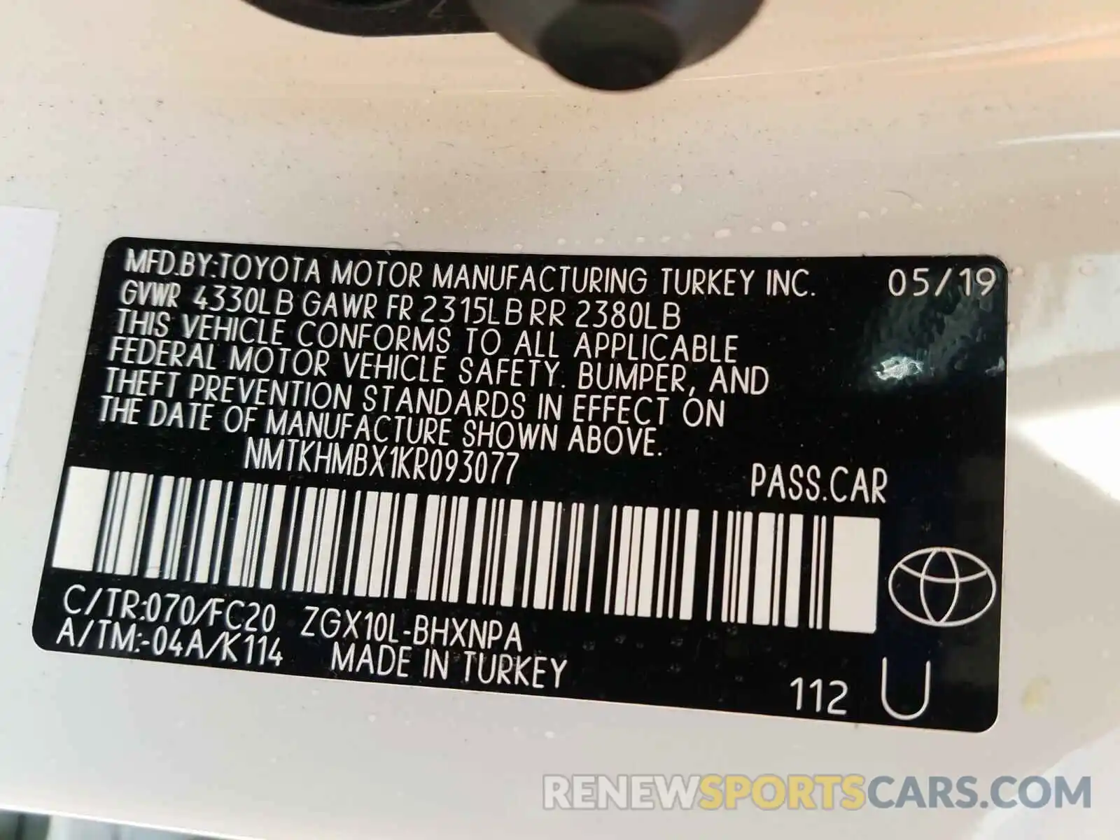 10 Photograph of a damaged car NMTKHMBX1KR093077 TOYOTA C-HR 2019