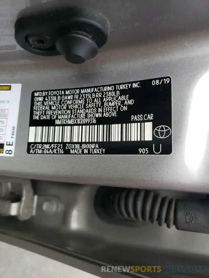 10 Photograph of a damaged car NMTKHMBX1KR099316 TOYOTA C-HR 2019