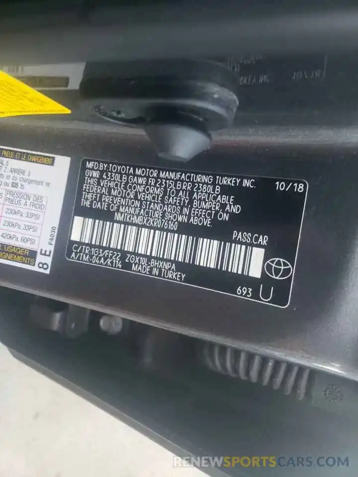 10 Photograph of a damaged car NMTKHMBX2KR076160 TOYOTA C-HR 2019