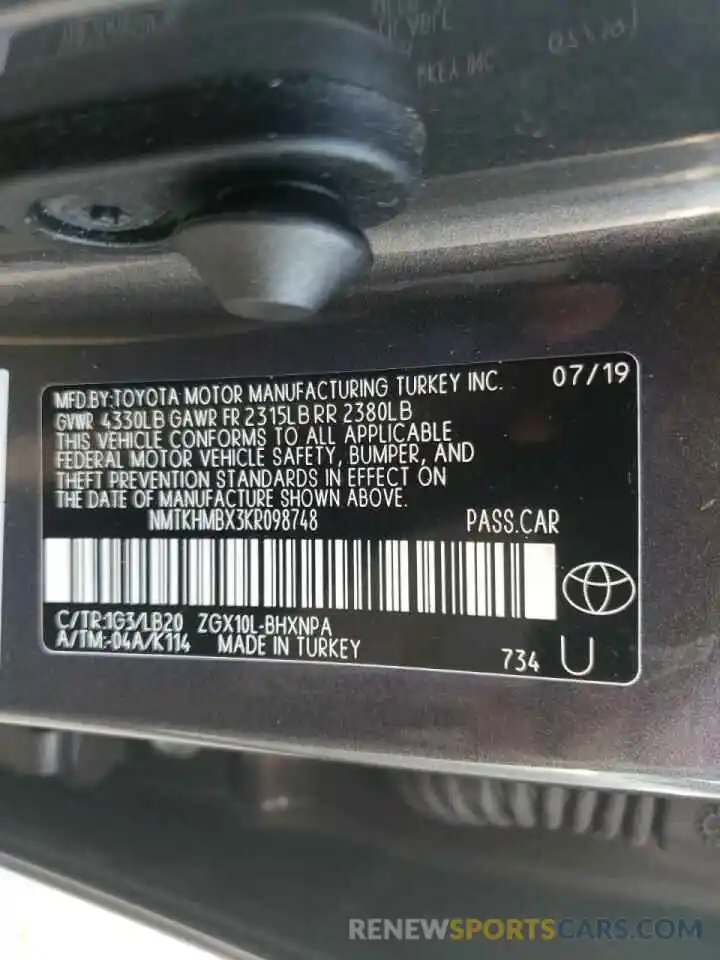 10 Photograph of a damaged car NMTKHMBX3KR098748 TOYOTA C-HR 2019