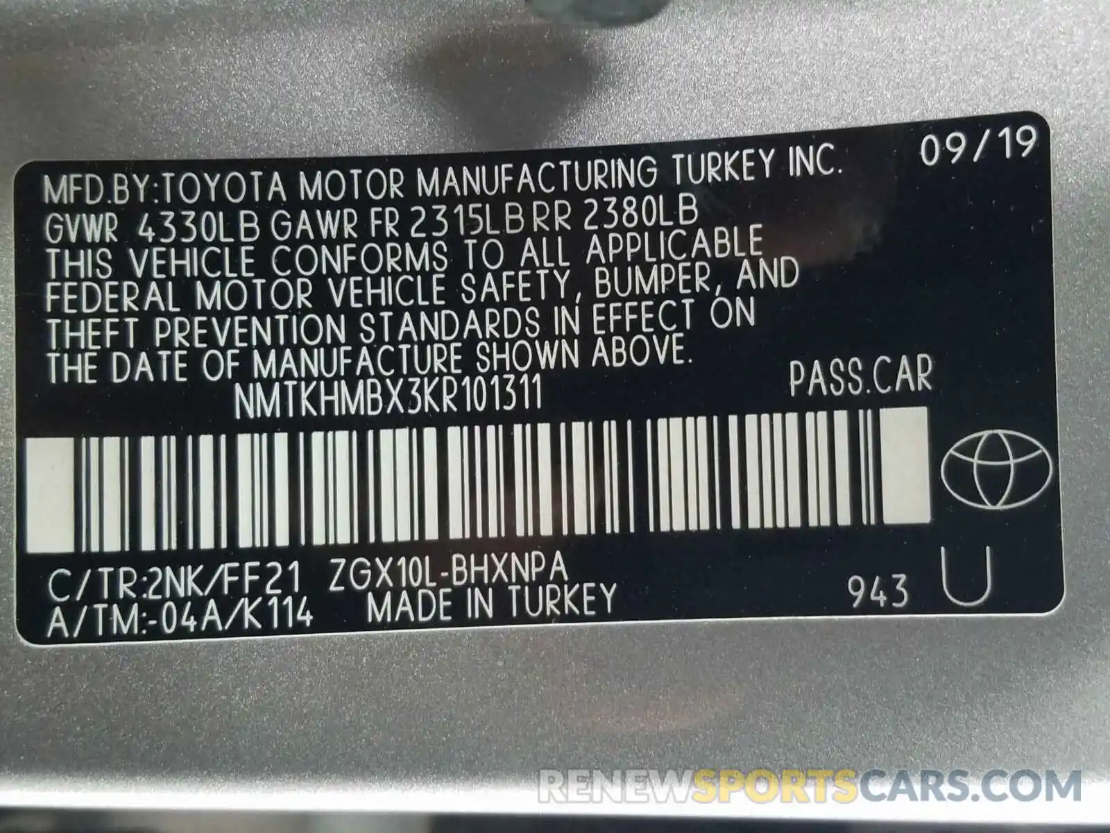 10 Photograph of a damaged car NMTKHMBX3KR101311 TOYOTA C-HR 2019