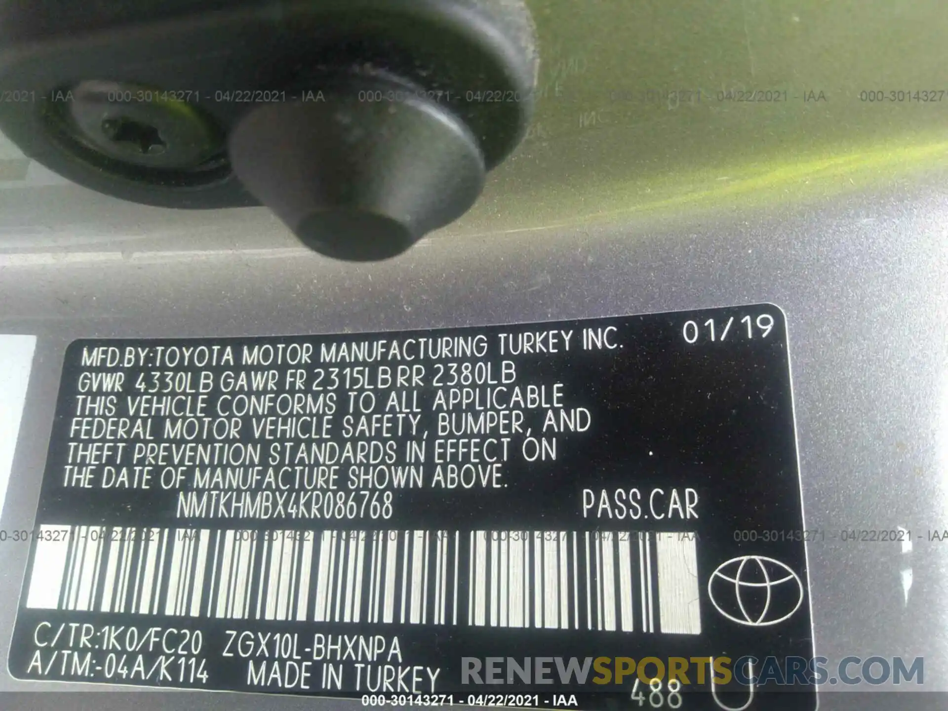 9 Фотография поврежденного автомобиля NMTKHMBX4KR086768 TOYOTA C-HR 2019