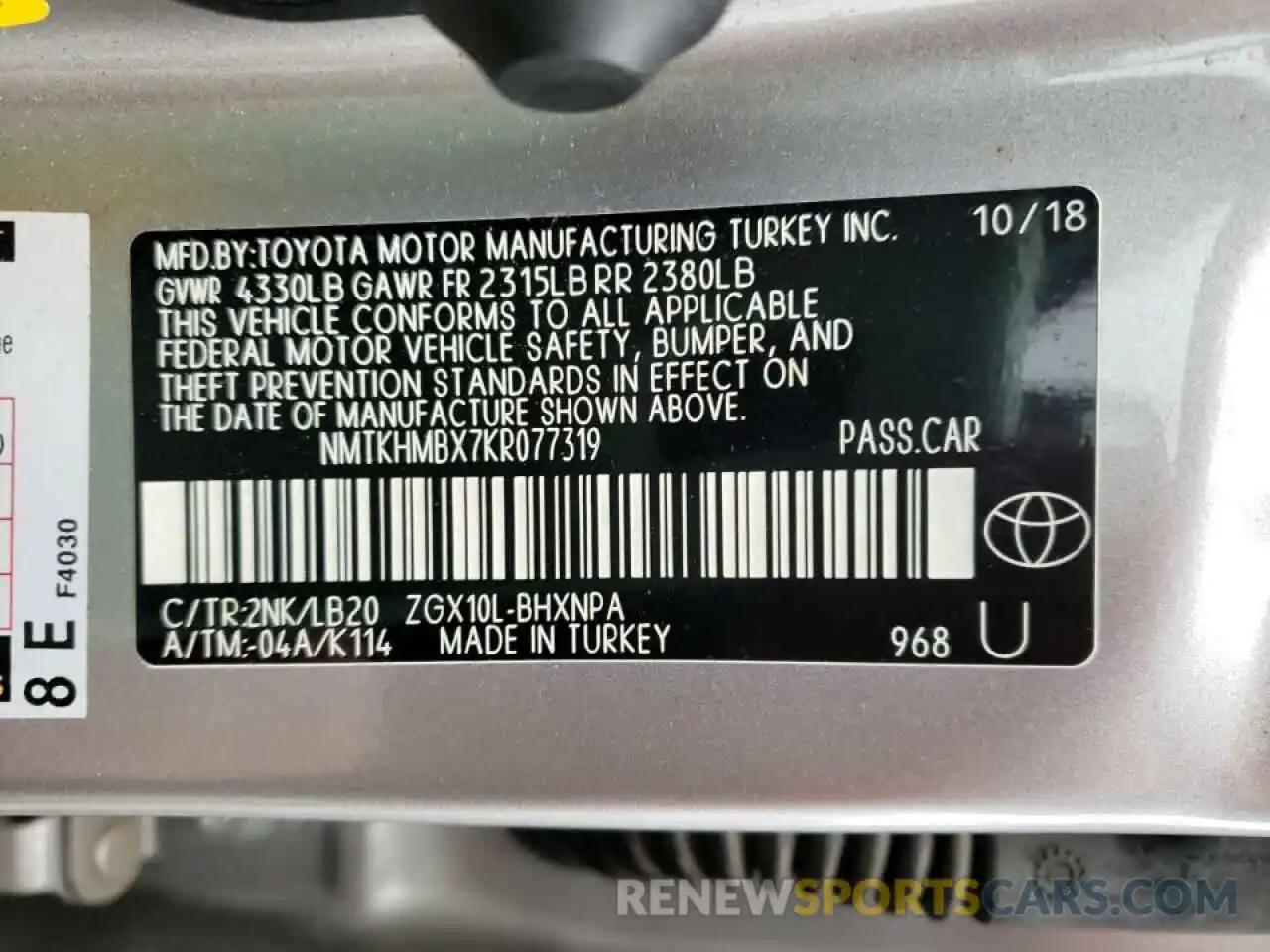 10 Фотография поврежденного автомобиля NMTKHMBX7KR077319 TOYOTA C-HR 2019