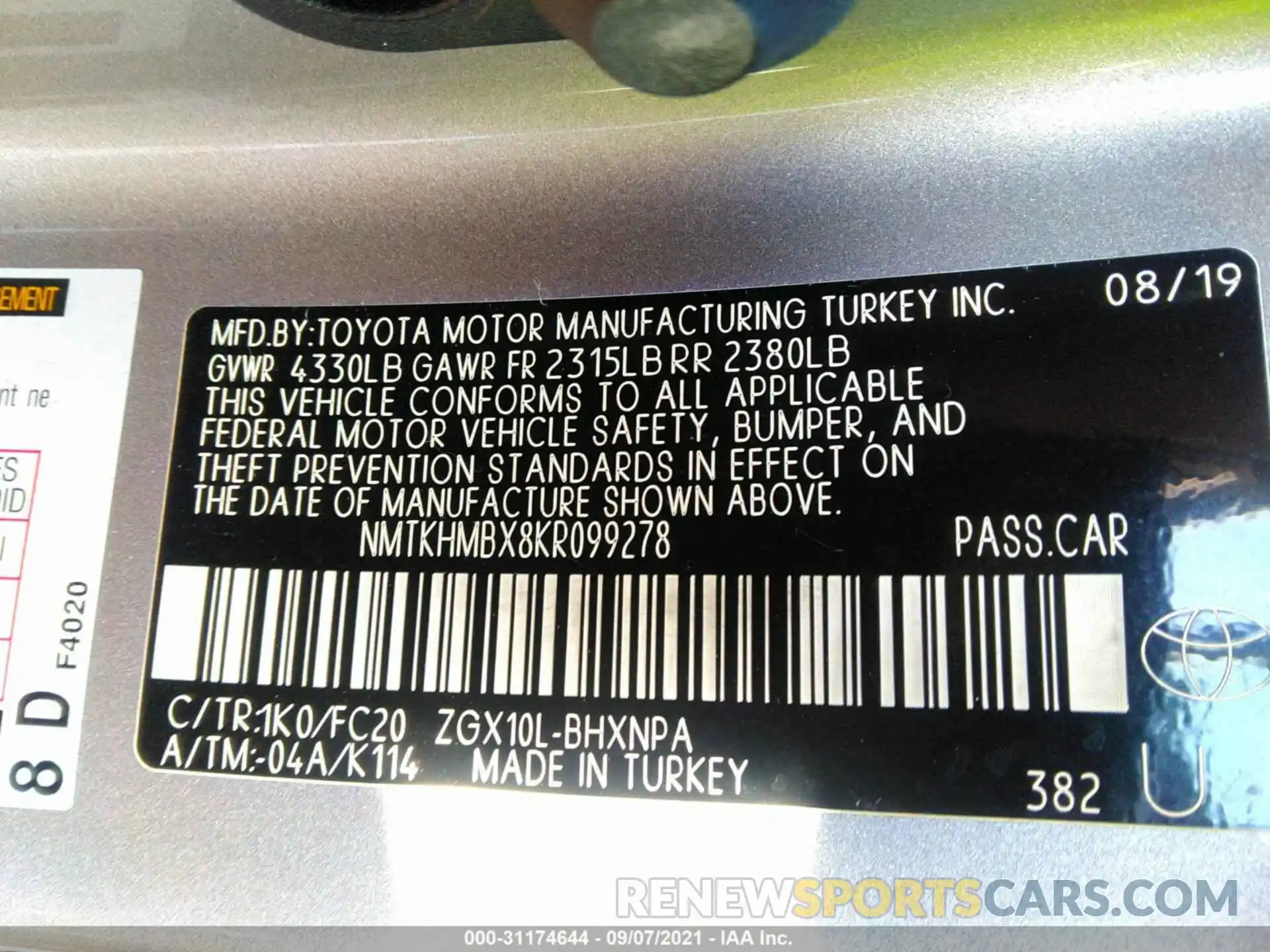 9 Фотография поврежденного автомобиля NMTKHMBX8KR099278 TOYOTA C-HR 2019