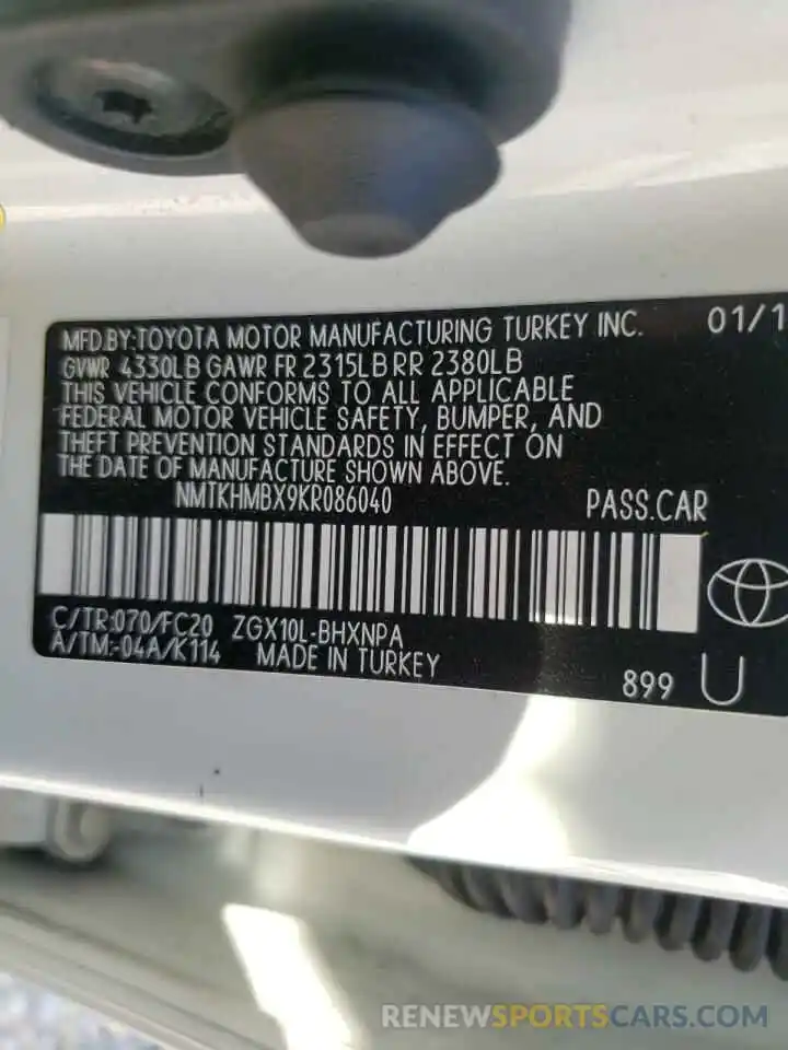 10 Фотография поврежденного автомобиля NMTKHMBX9KR086040 TOYOTA C-HR 2019