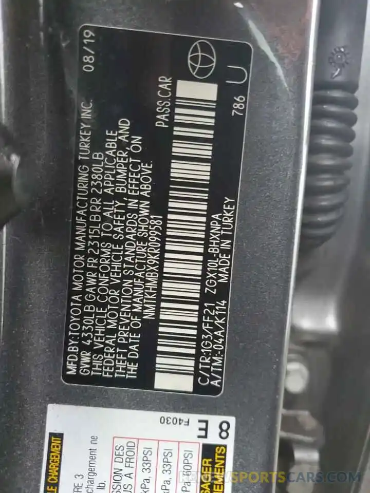 10 Фотография поврежденного автомобиля NMTKHMBX9KR099581 TOYOTA C-HR 2019