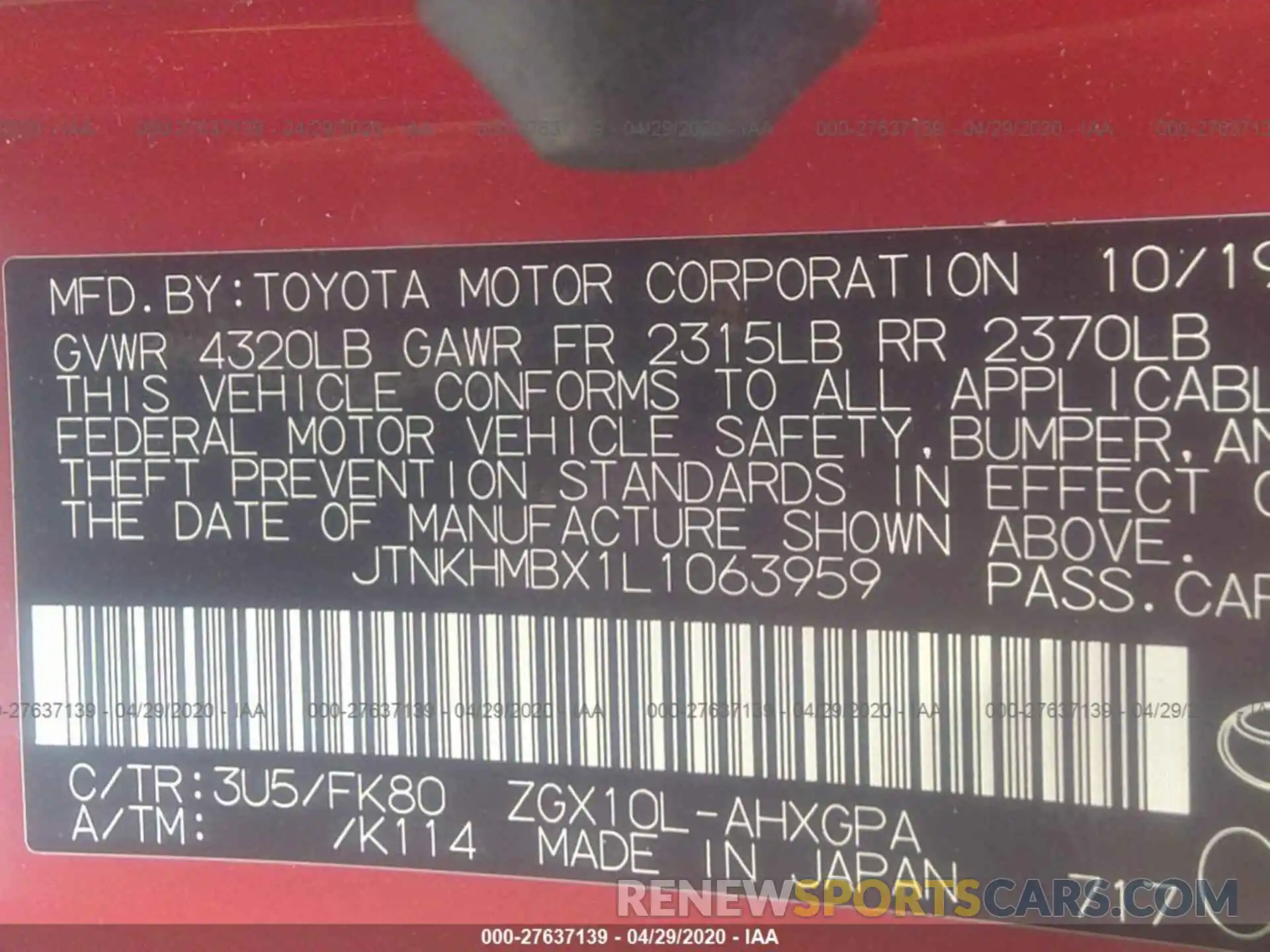 9 Фотография поврежденного автомобиля JTNKHMBX1L1063959 TOYOTA C-HR 2020