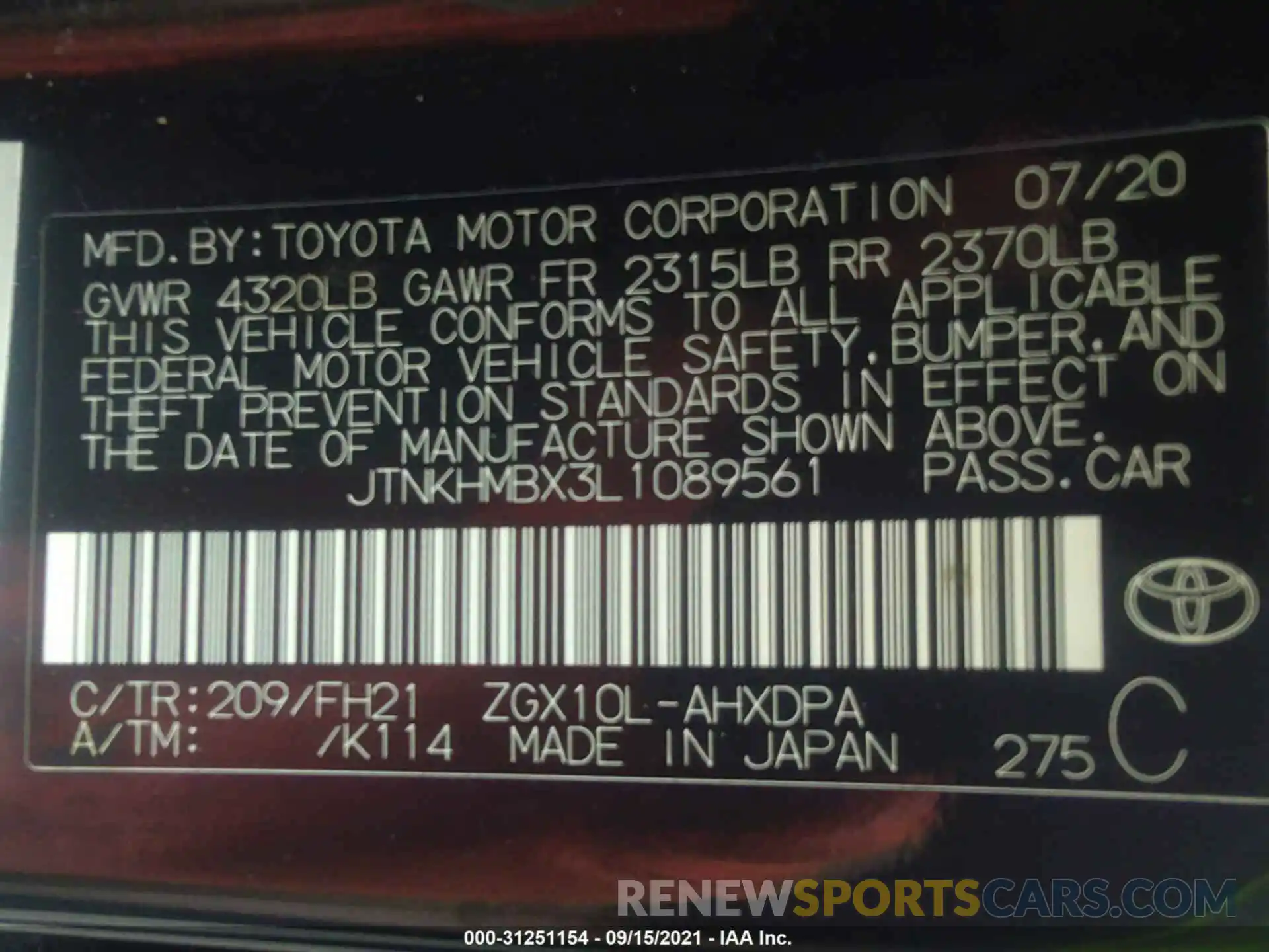 9 Фотография поврежденного автомобиля JTNKHMBX3L1089561 TOYOTA C-HR 2020