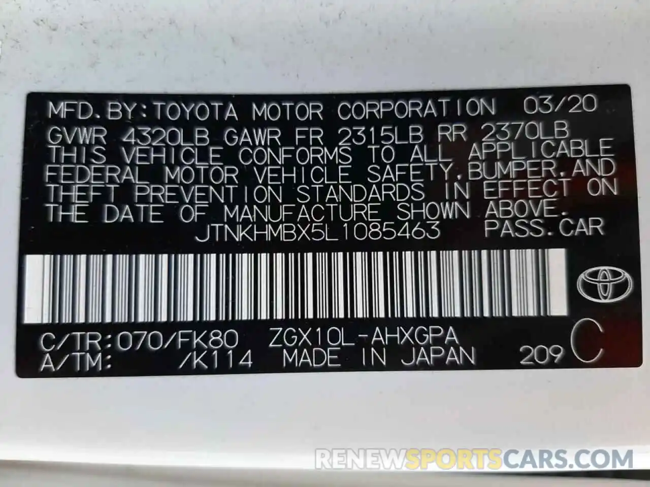 10 Photograph of a damaged car JTNKHMBX5L1085463 TOYOTA C-HR 2020