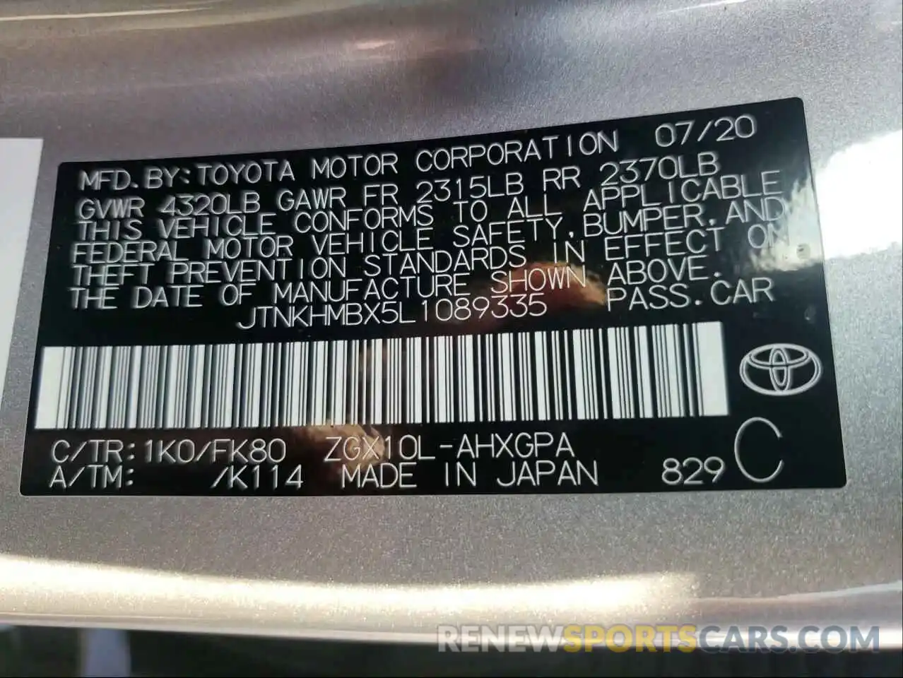 10 Photograph of a damaged car JTNKHMBX5L1089335 TOYOTA C-HR 2020