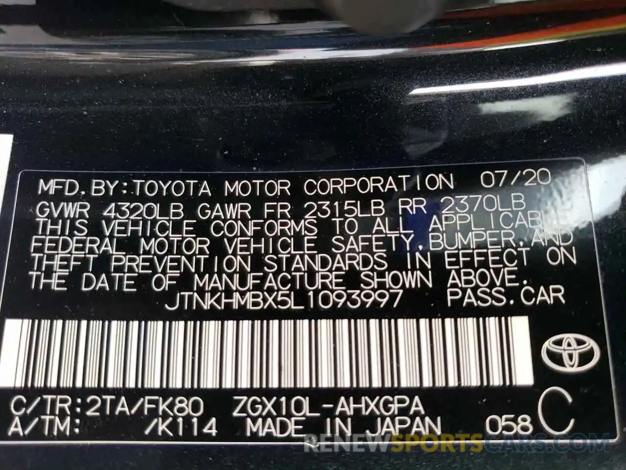 10 Photograph of a damaged car JTNKHMBX5L1093997 TOYOTA C-HR 2020