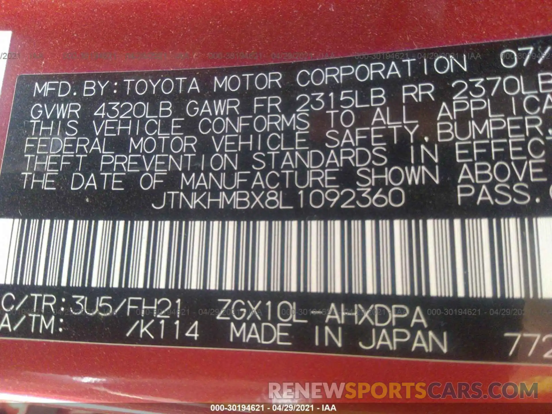 9 Фотография поврежденного автомобиля JTNKHMBX8L1092360 TOYOTA C-HR 2020