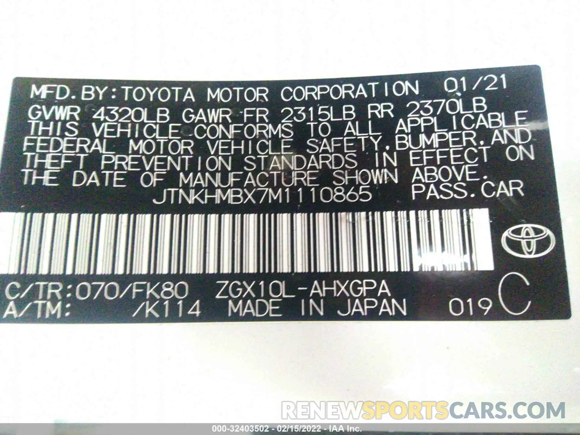 9 Фотография поврежденного автомобиля JTNKHMBX7M1110865 TOYOTA C-HR 2021