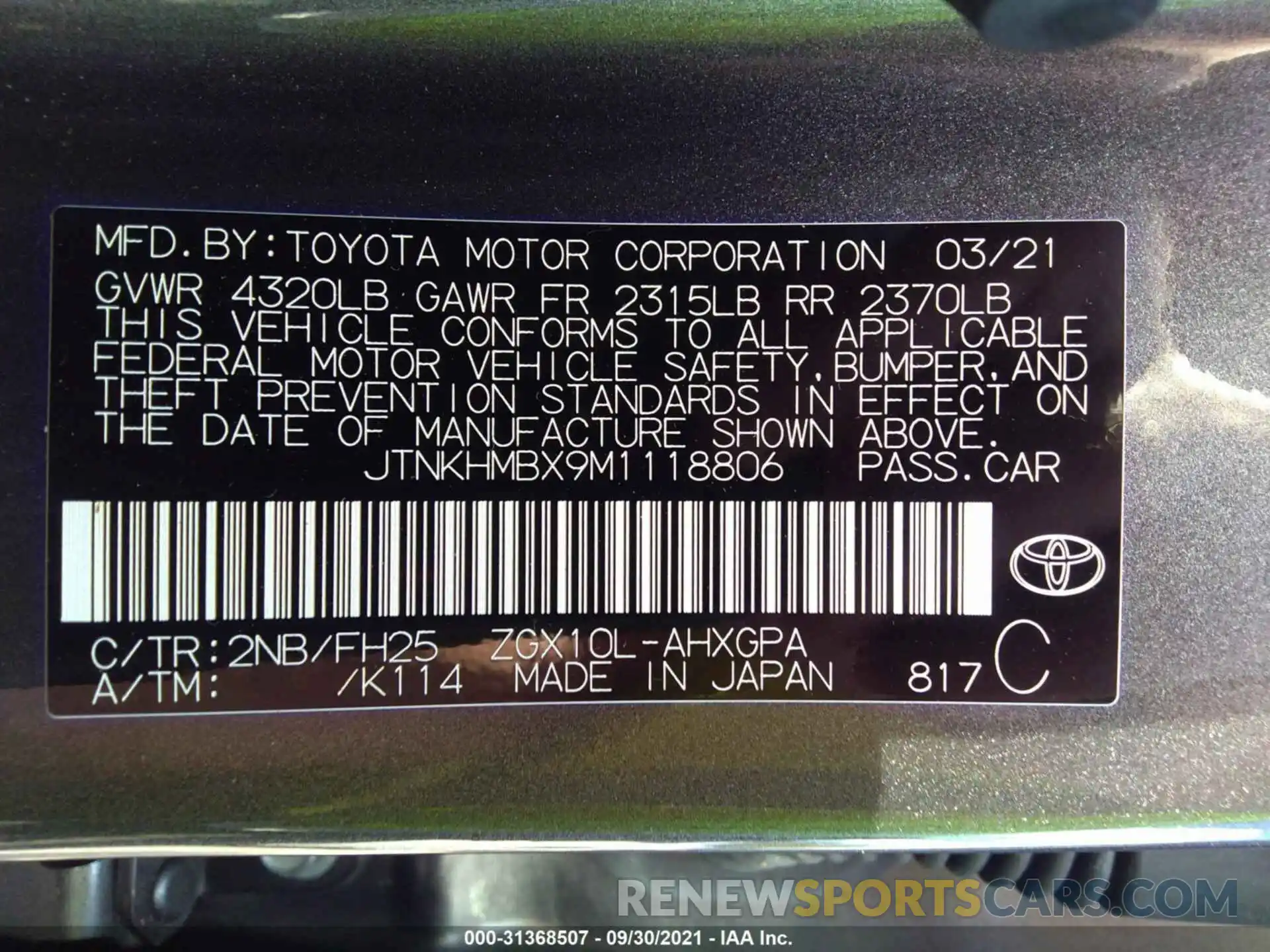 9 Фотография поврежденного автомобиля JTNKHMBX9M1118806 TOYOTA C-HR 2021