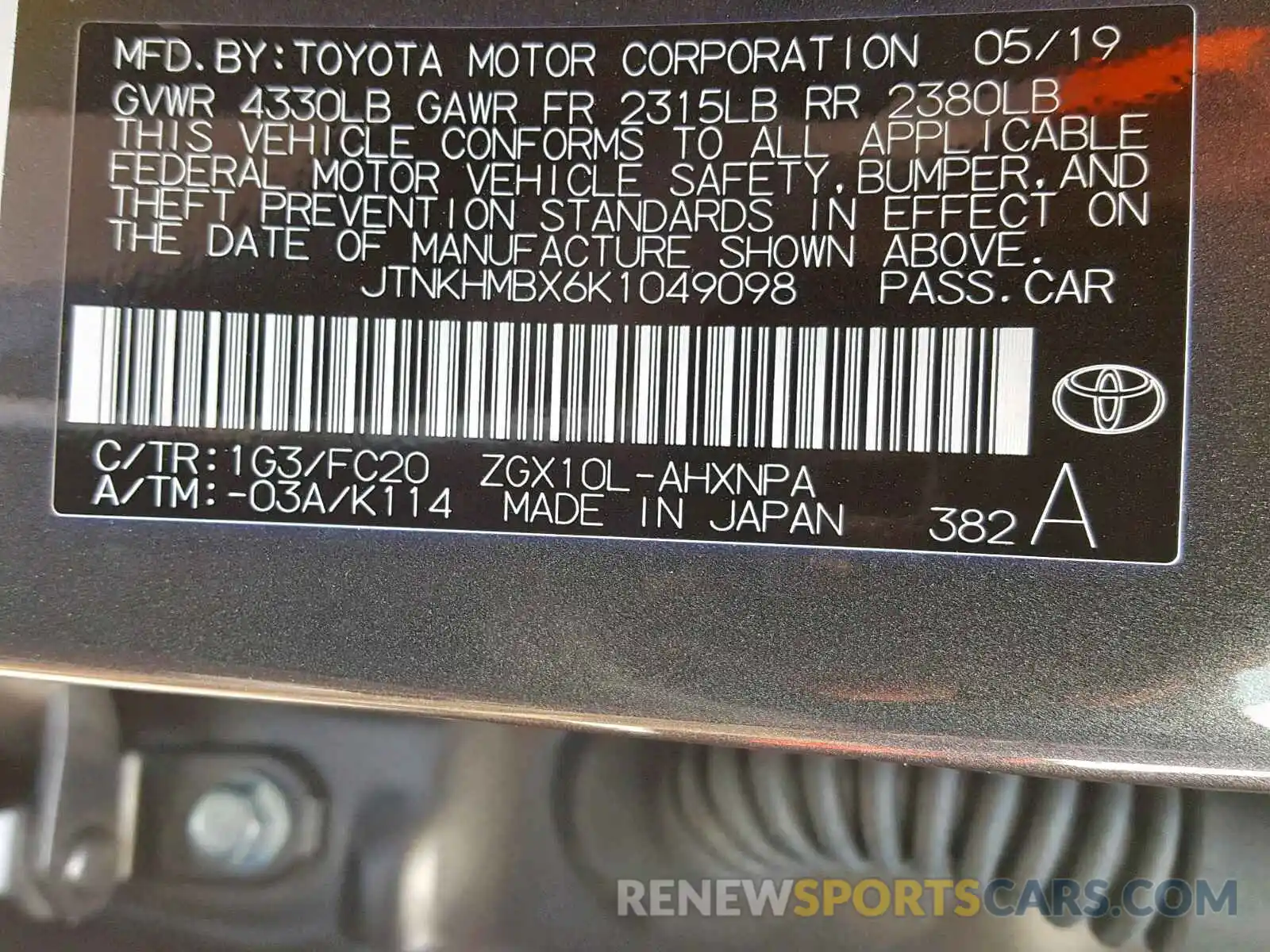 10 Фотография поврежденного автомобиля JTNKHMBX6K1049098 TOYOTA C-HR XLE 2019