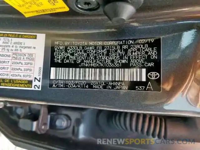 10 Photograph of a damaged car JTNKHMBX7K1036361 TOYOTA C-HR XLE 2019