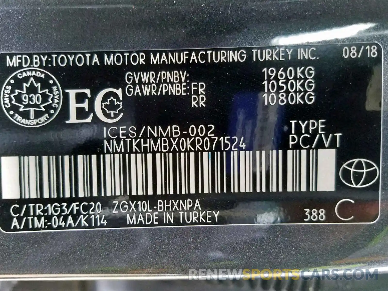 10 Фотография поврежденного автомобиля NMTKHMBX0KR071524 TOYOTA C-HR XLE 2019