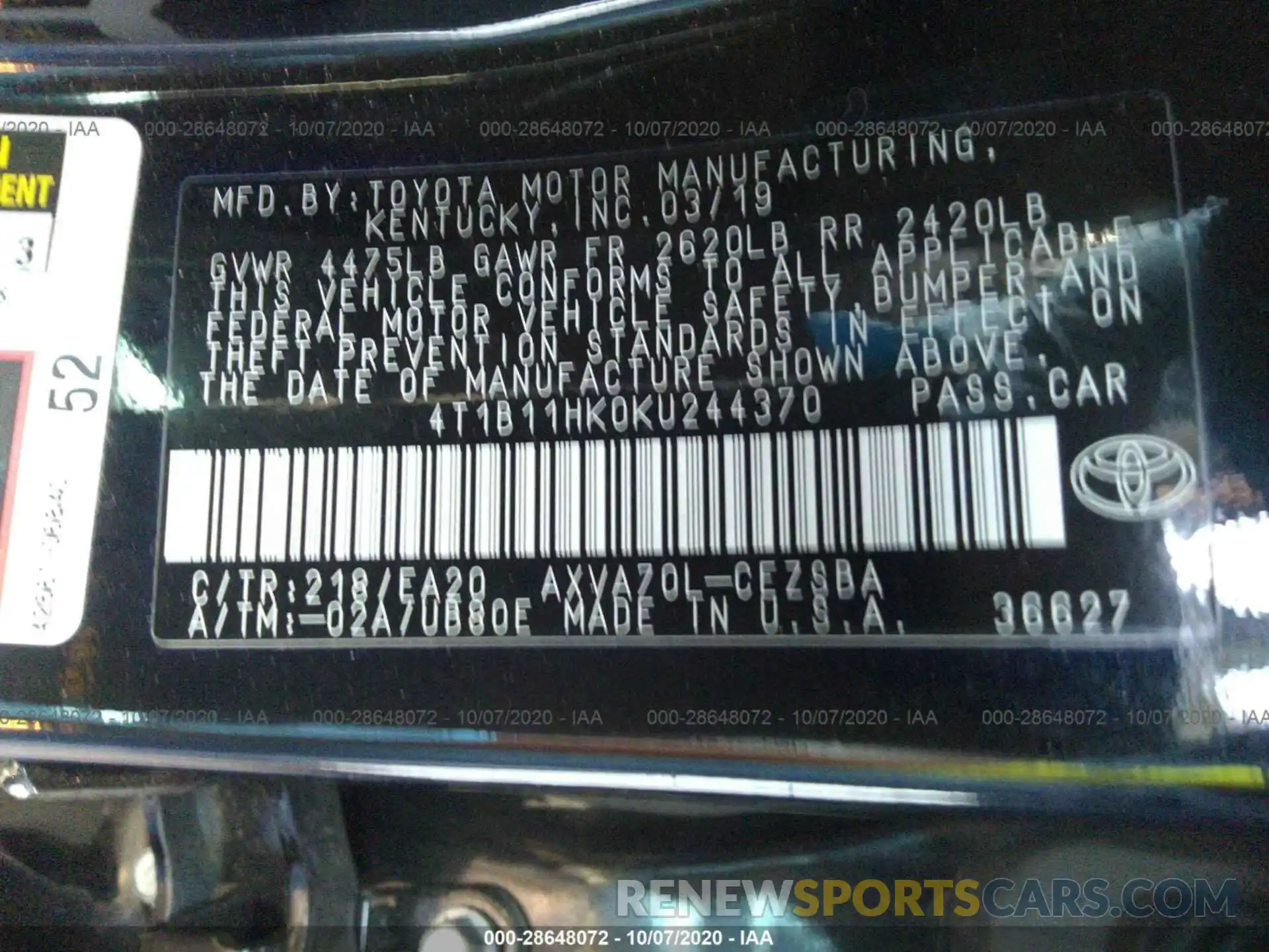 9 Фотография поврежденного автомобиля 4T1B11HK0KU244370 TOYOTA CAMRY 2019