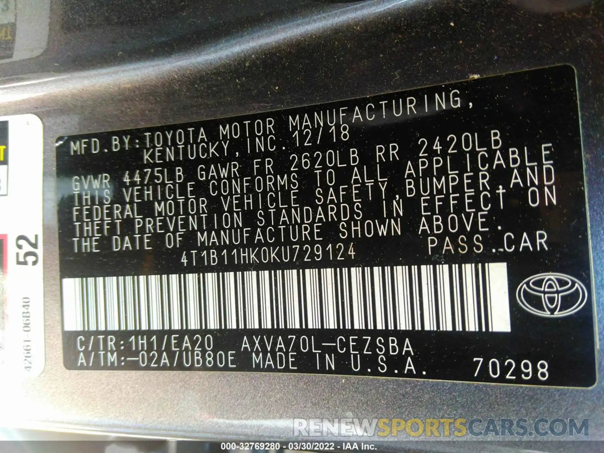 9 Фотография поврежденного автомобиля 4T1B11HK0KU729124 TOYOTA CAMRY 2019