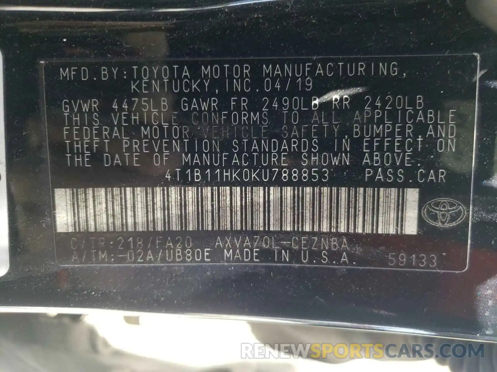 10 Photograph of a damaged car 4T1B11HK0KU788853 TOYOTA CAMRY 2019