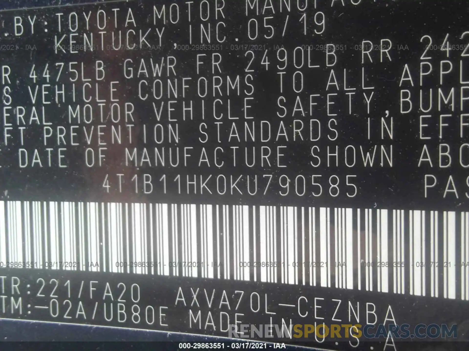 9 Фотография поврежденного автомобиля 4T1B11HK0KU790585 TOYOTA CAMRY 2019