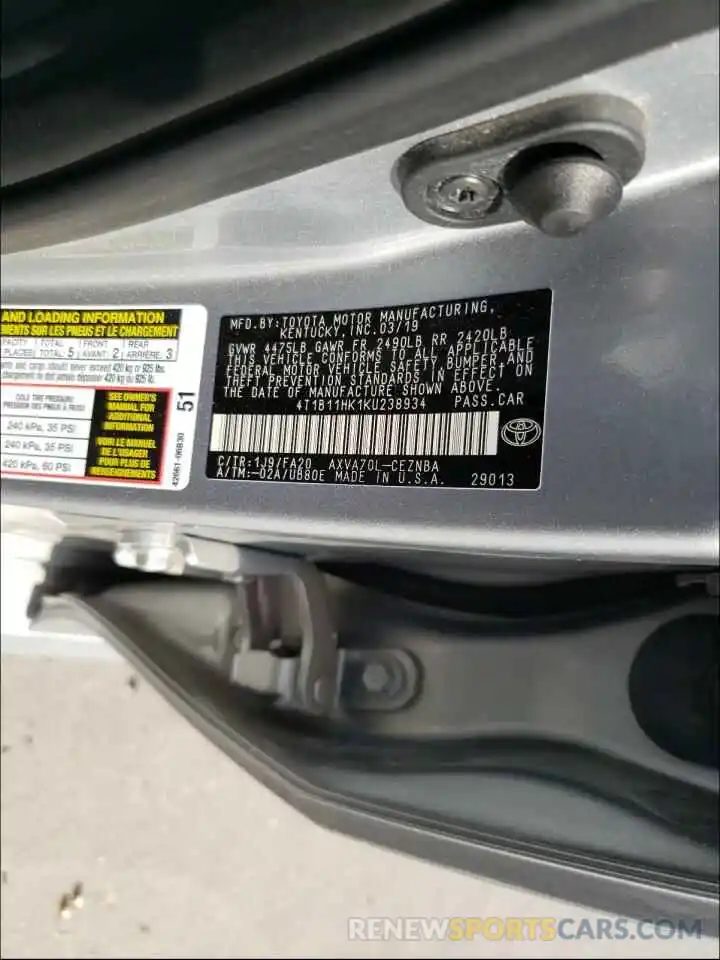 10 Photograph of a damaged car 4T1B11HK1KU238934 TOYOTA CAMRY 2019