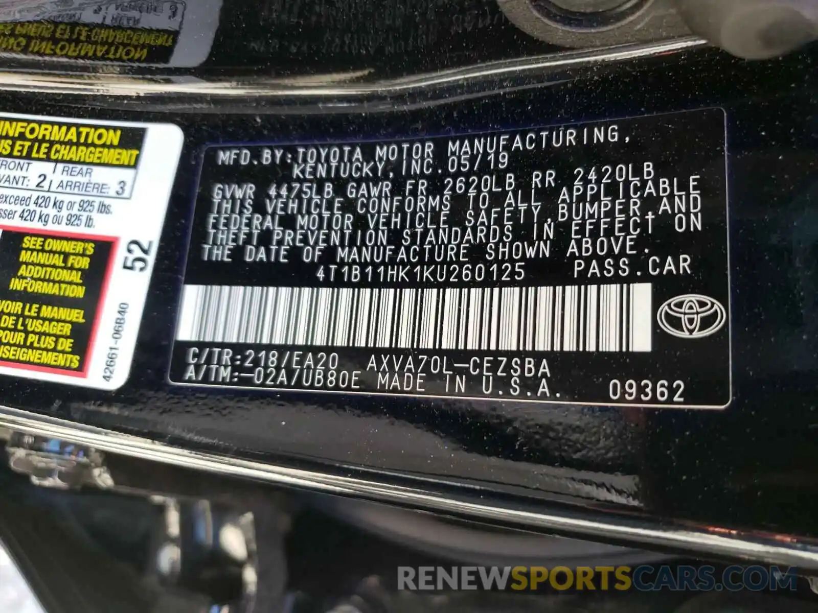 10 Photograph of a damaged car 4T1B11HK1KU260125 TOYOTA CAMRY 2019