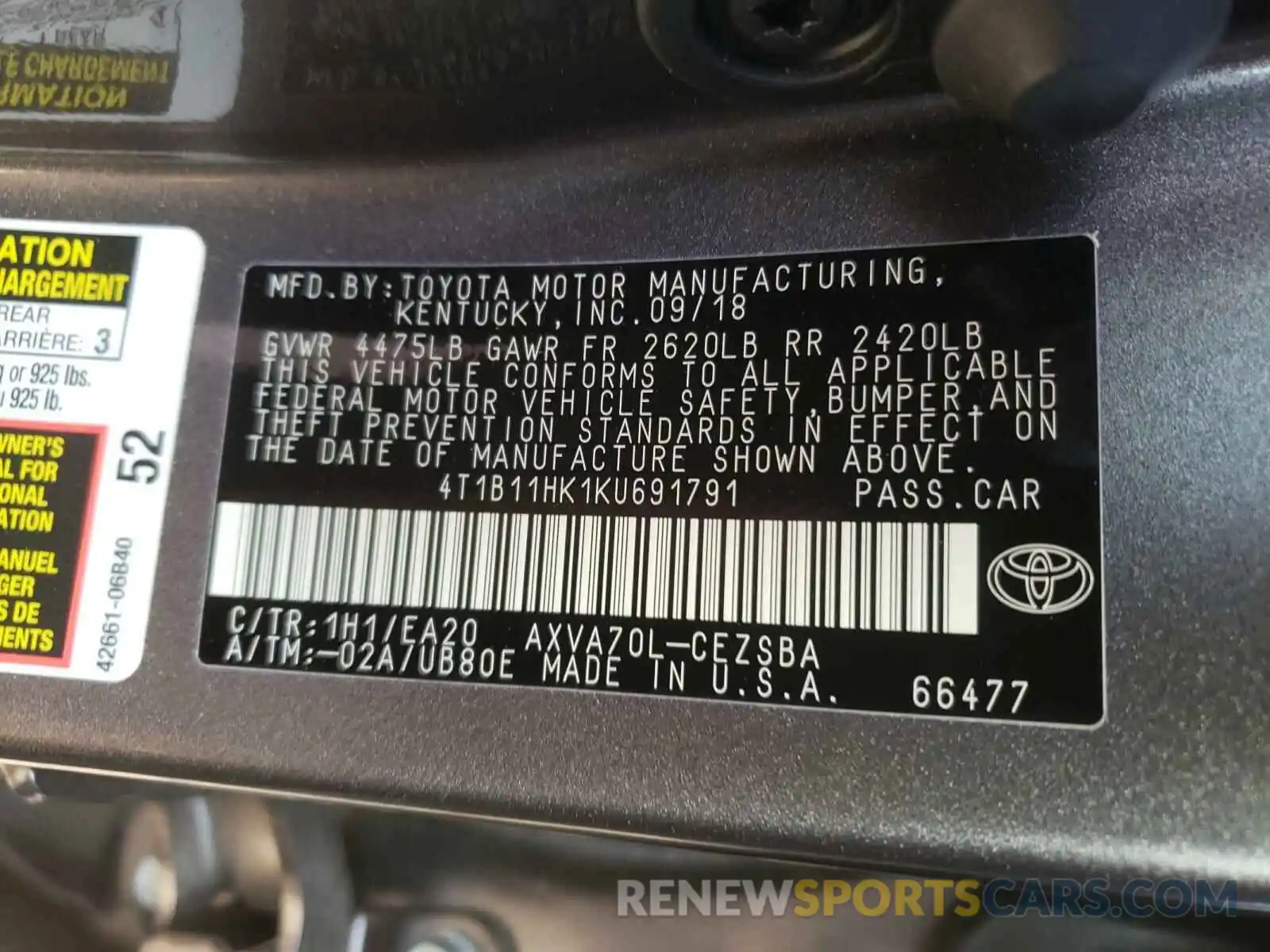 10 Photograph of a damaged car 4T1B11HK1KU691791 TOYOTA CAMRY 2019