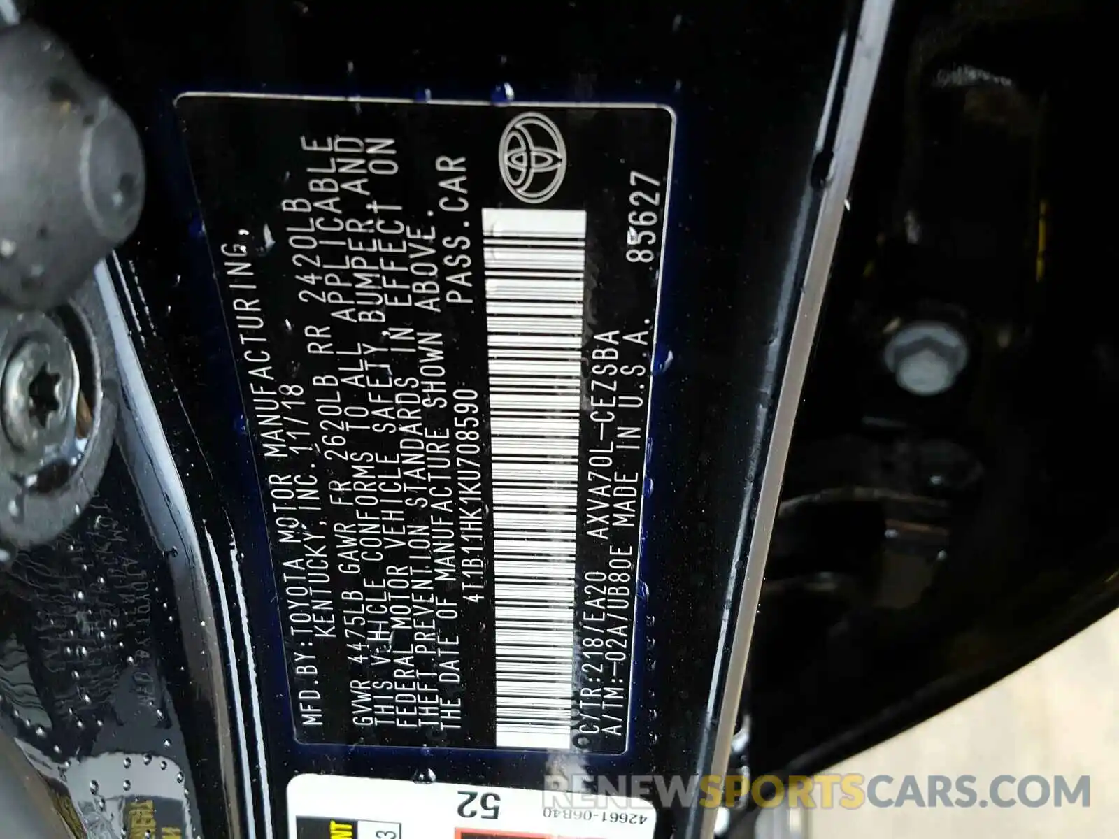 10 Photograph of a damaged car 4T1B11HK1KU708590 TOYOTA CAMRY 2019