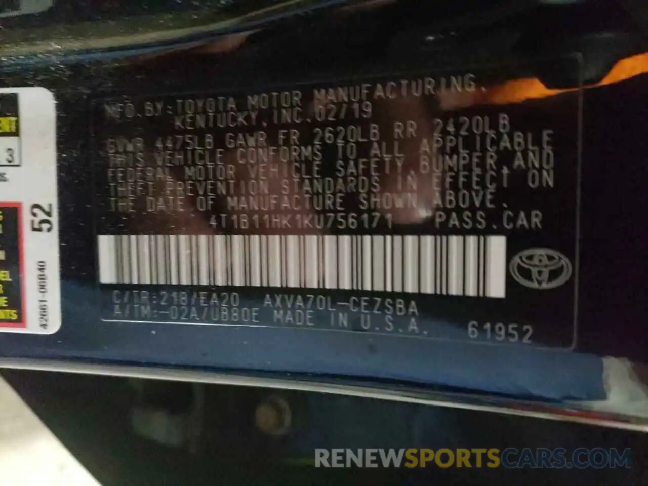 10 Photograph of a damaged car 4T1B11HK1KU756171 TOYOTA CAMRY 2019