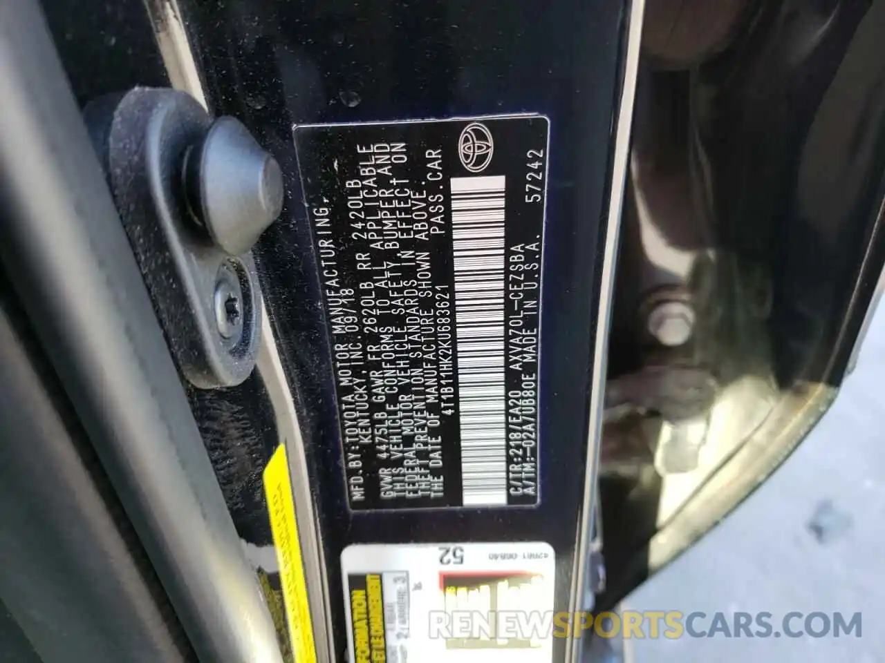 10 Photograph of a damaged car 4T1B11HK2KU683621 TOYOTA CAMRY 2019