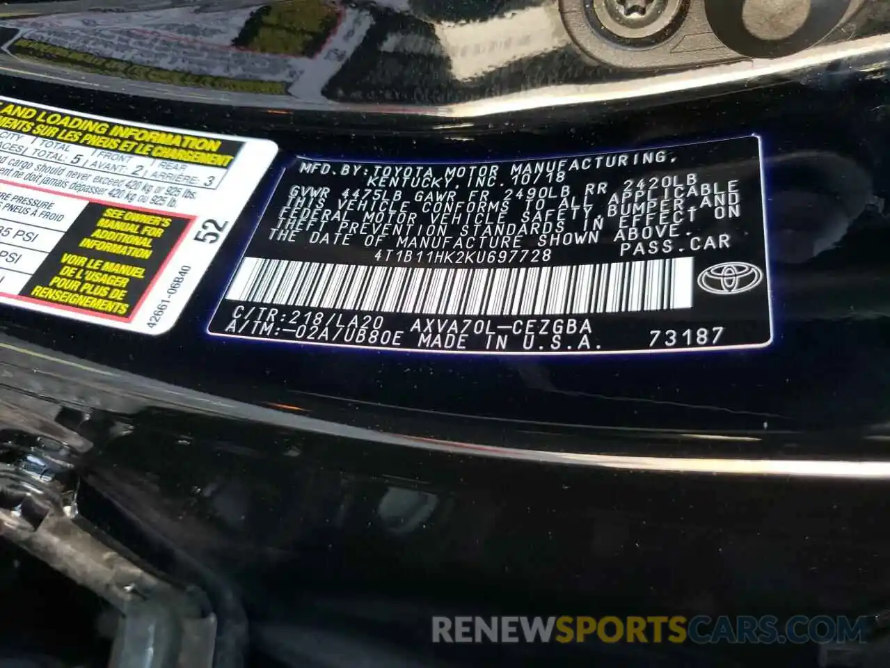 10 Photograph of a damaged car 4T1B11HK2KU697728 TOYOTA CAMRY 2019