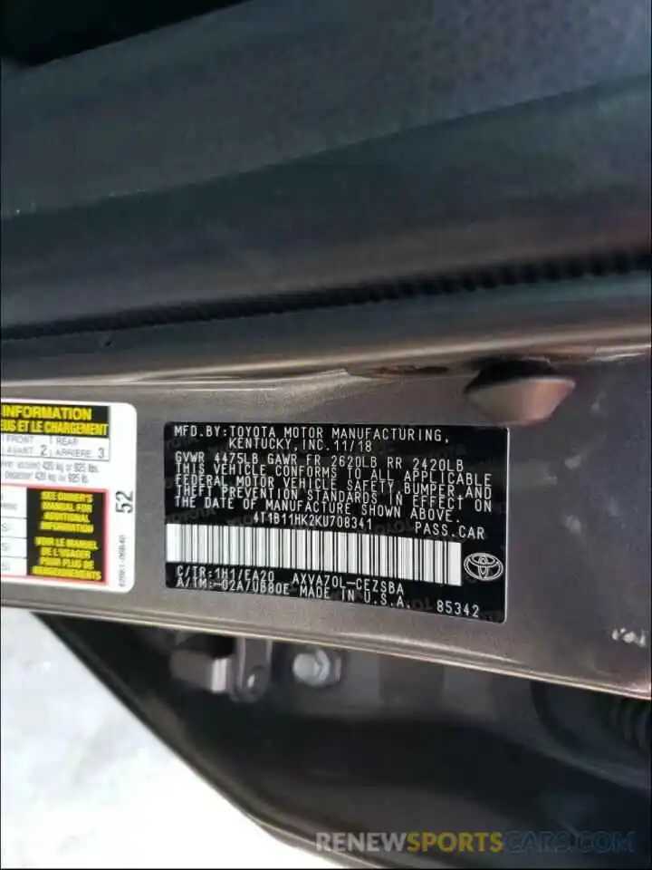 10 Photograph of a damaged car 4T1B11HK2KU708341 TOYOTA CAMRY 2019