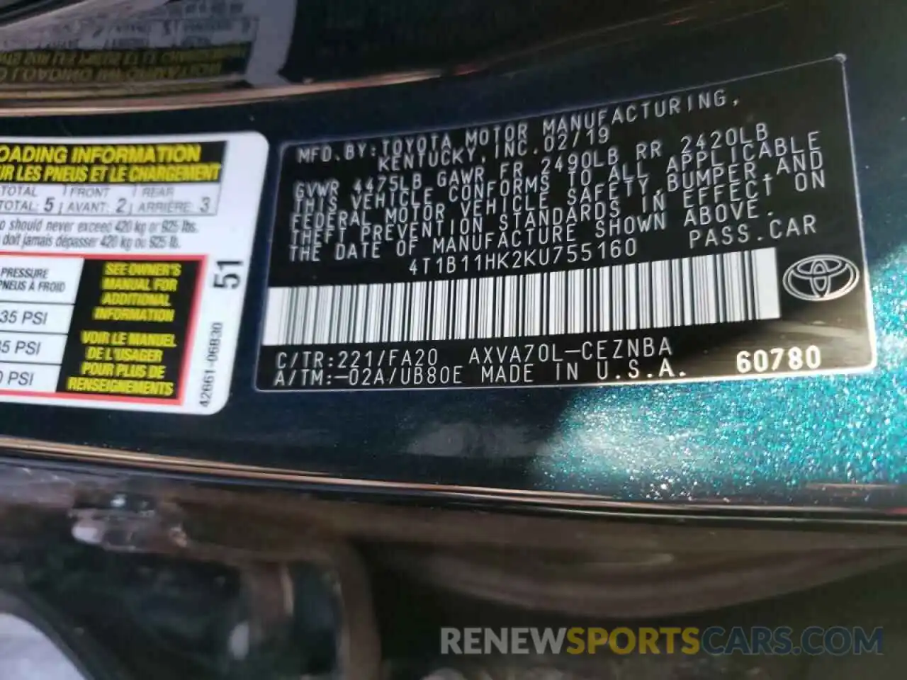 10 Photograph of a damaged car 4T1B11HK2KU755160 TOYOTA CAMRY 2019