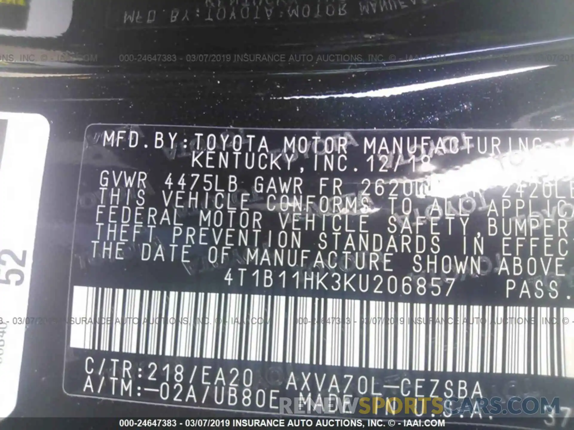 9 Photograph of a damaged car 4T1B11HK3KU206857 TOYOTA CAMRY 2019