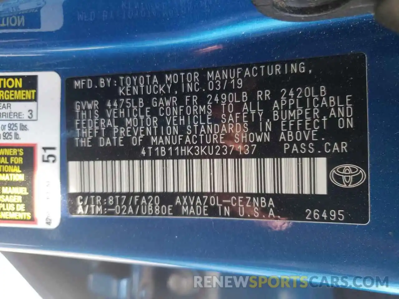 10 Photograph of a damaged car 4T1B11HK3KU237137 TOYOTA CAMRY 2019