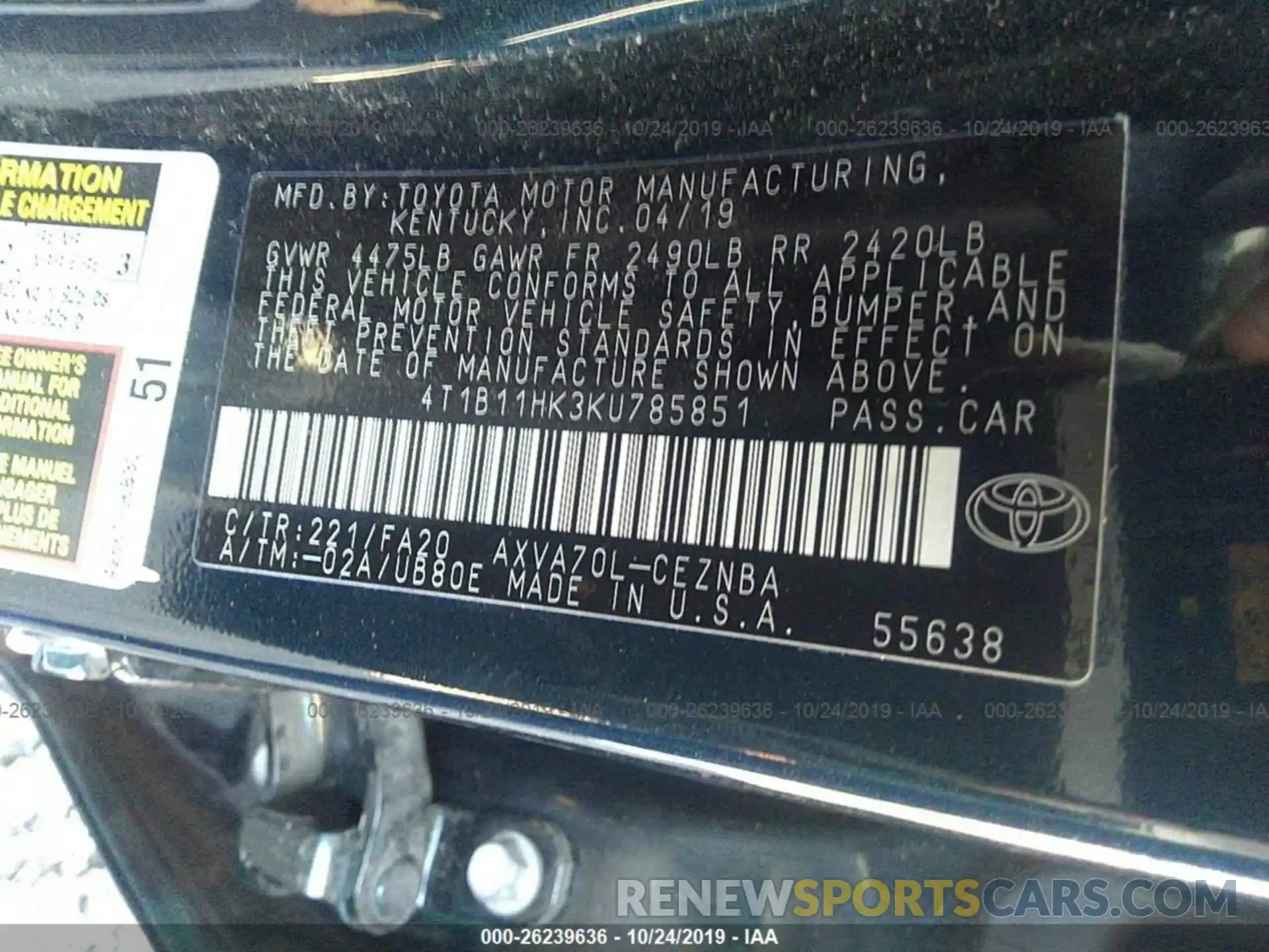 9 Фотография поврежденного автомобиля 4T1B11HK3KU785851 TOYOTA CAMRY 2019