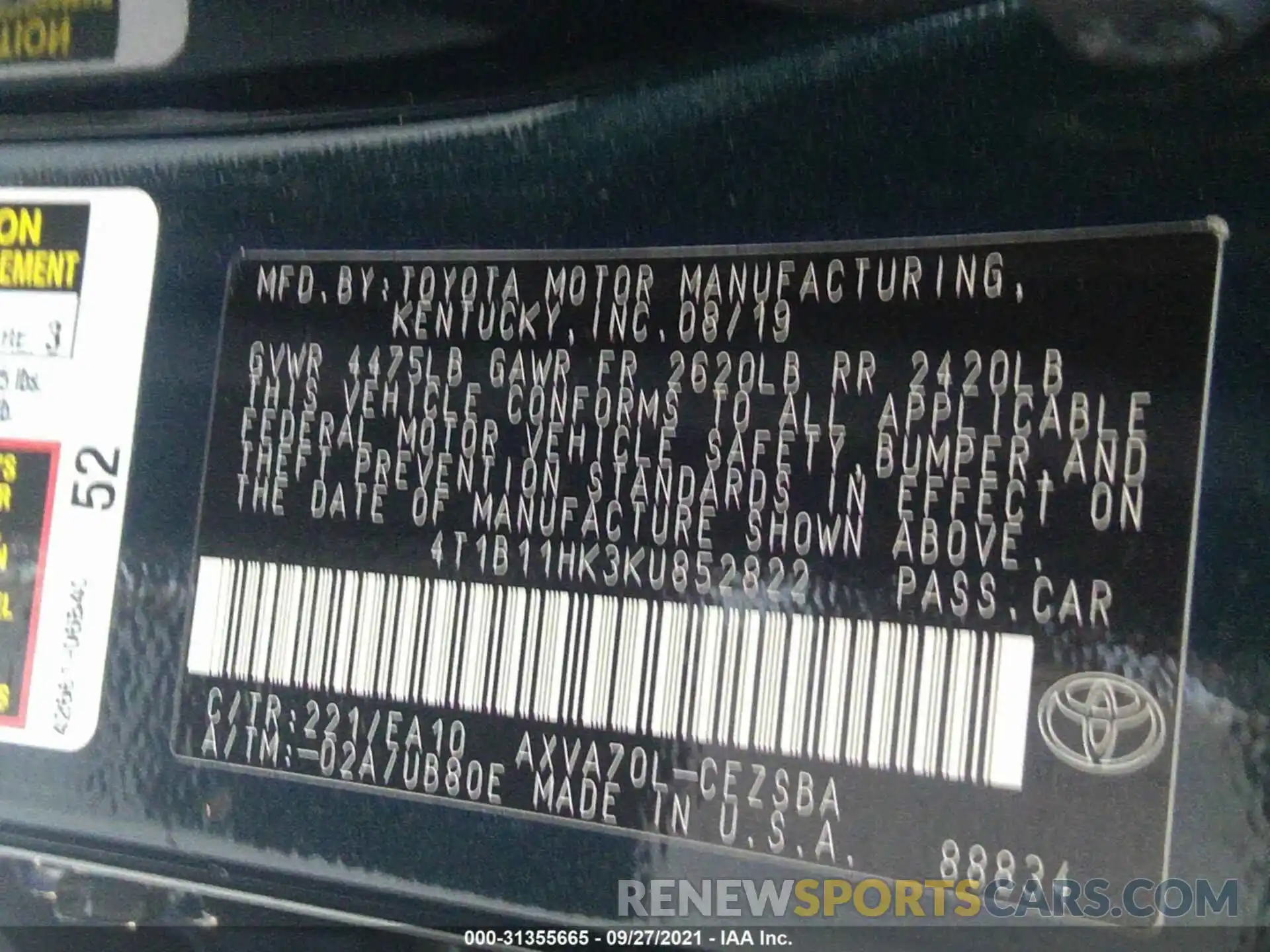 9 Фотография поврежденного автомобиля 4T1B11HK3KU852822 TOYOTA CAMRY 2019